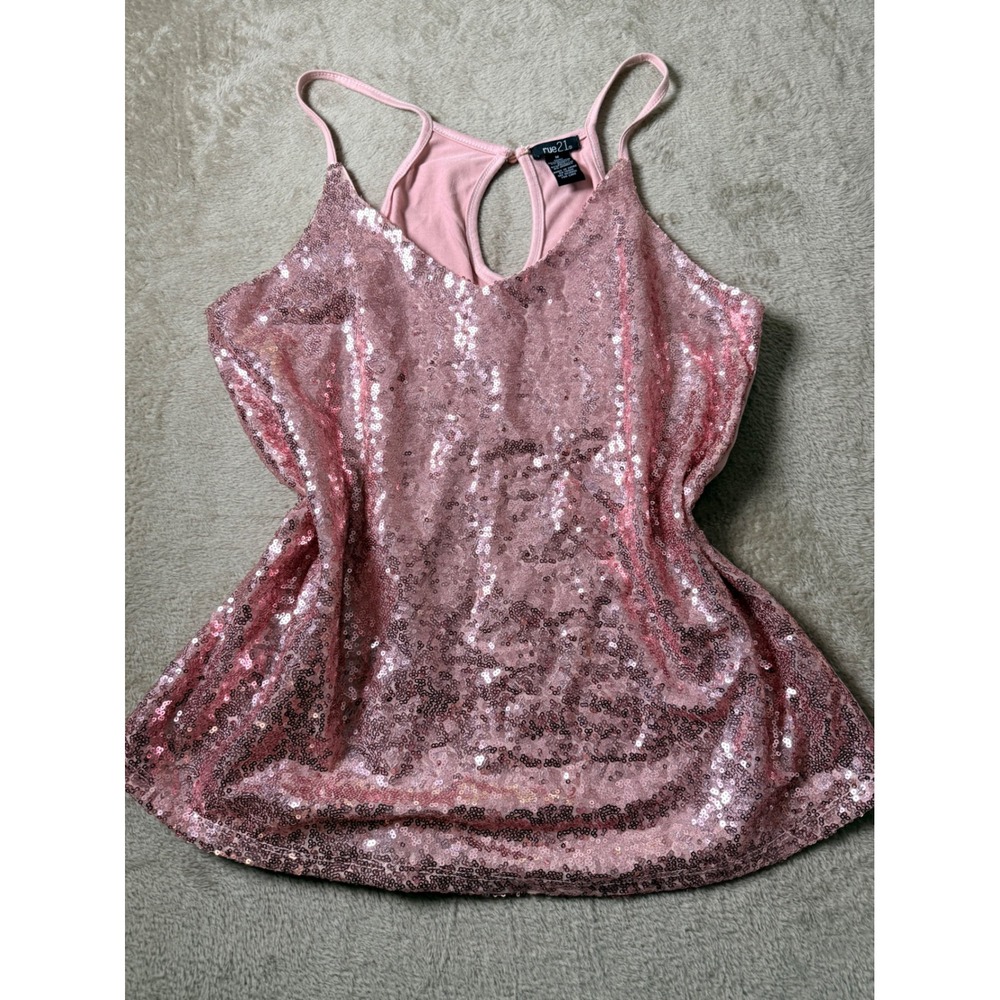 Rue21 Pink Sequin  Top Keyhole Back Cami Sparkly  M Y2K  Festival Bling Girlie